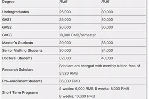 中国大学留学生学费