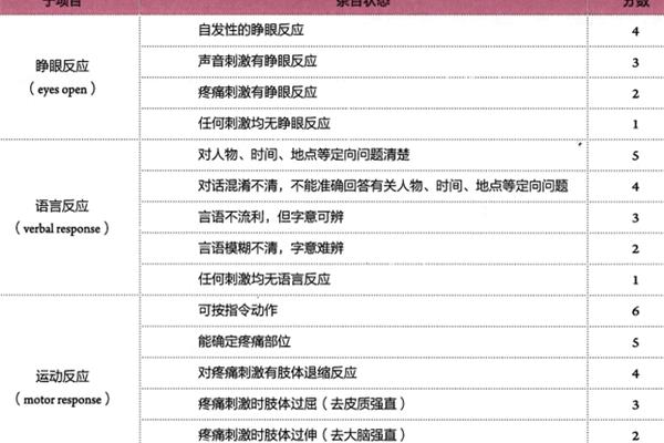 GCS格拉斯哥昏迷量表,GCS量表评分标准