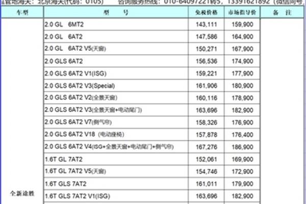 免税车价格表